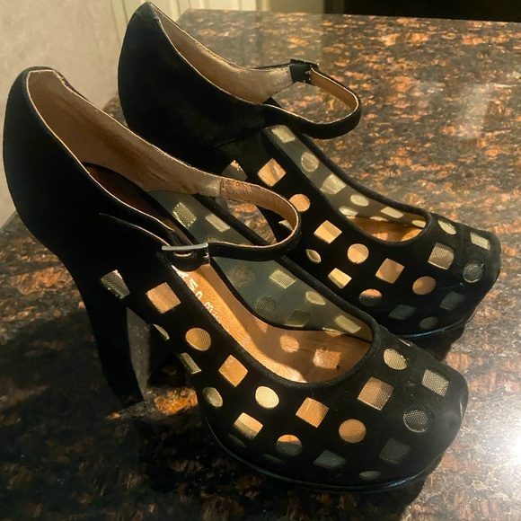 Jeffrey Campbell Ibiza Black Suede Heels with sheer mesh designs - Picture 1 of 16
